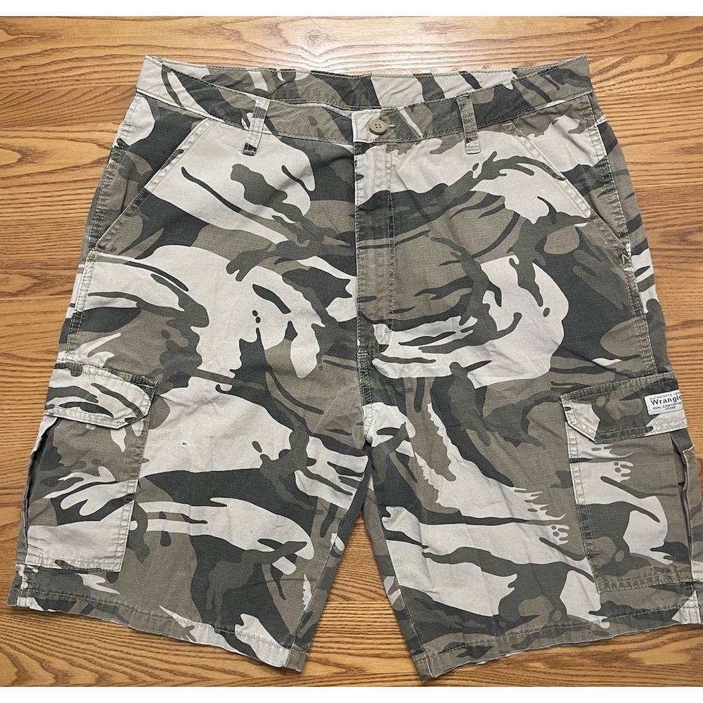 Wrangler Cargo Shorts Mens Size 36 Green Camouflage Relaxed Fit Stretch Cotton